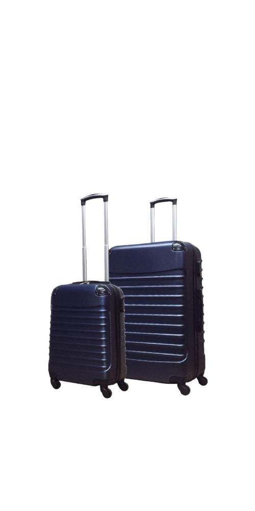 Dark blue 2-piece hard shell luggage set with spinner wheels & combination lock, perfect for travel.