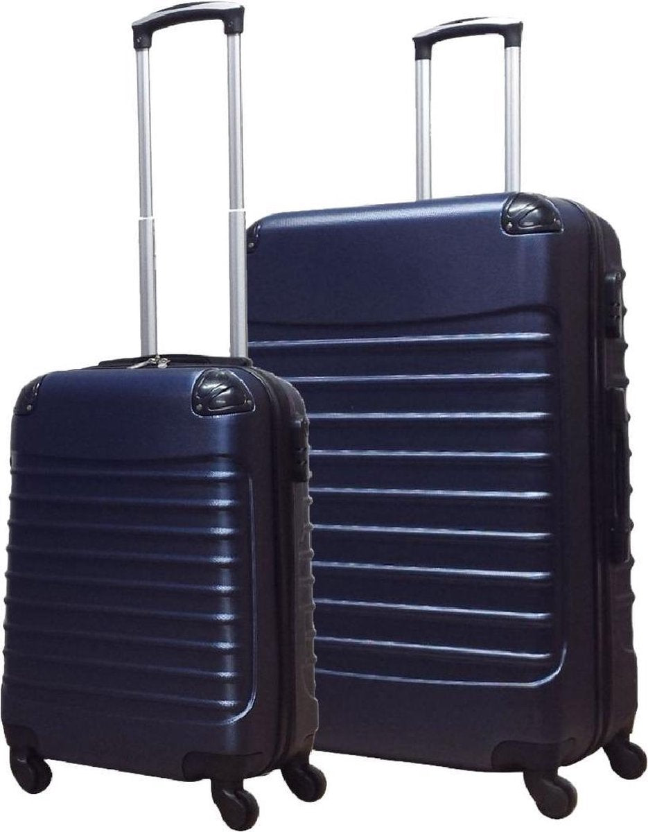 Durable dark blue 2-piece hard shell suitcase set, ideal for vacation & business trips.