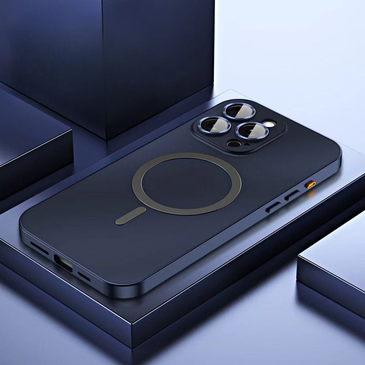 Aesthetic magnetic metal iPhone case, slim & protective, enhancing your phone's look & safety.