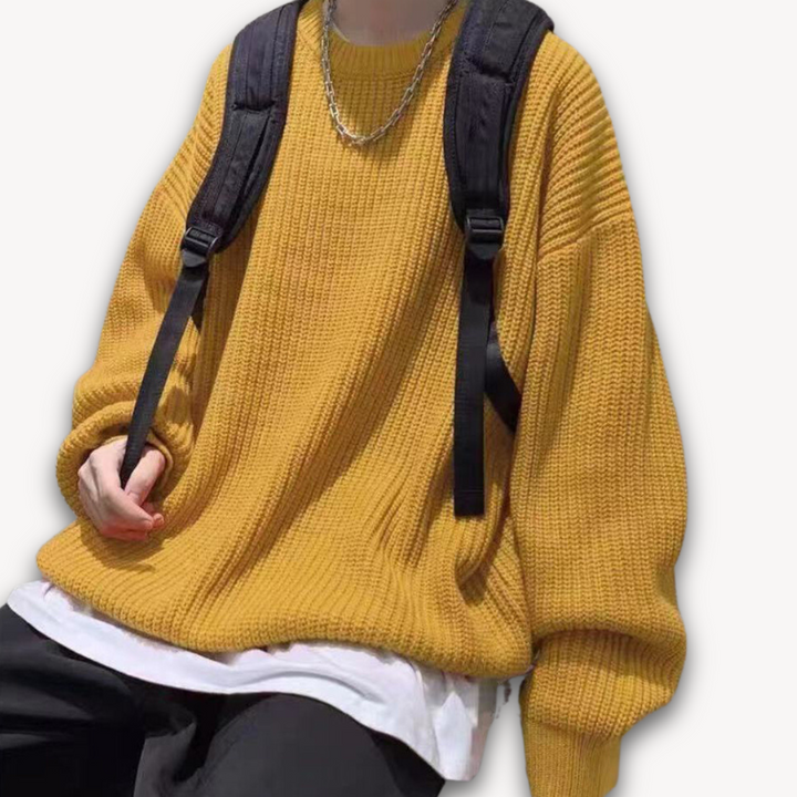 Dark green men's oversized knit sweater, soft acrylic, ribbed texture, cozy winter wear, casual elegance, warm menswear.