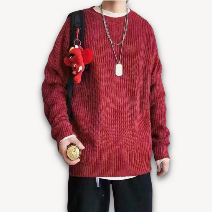Dark green men's oversized knit sweater, soft acrylic, ribbed texture, cozy winter wear, casual elegance, warm menswear.