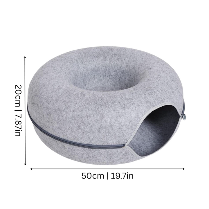 Durable grey felt cat cave bed offering a cozy feline hideaway for stress relief. Washable pet tunnel design.