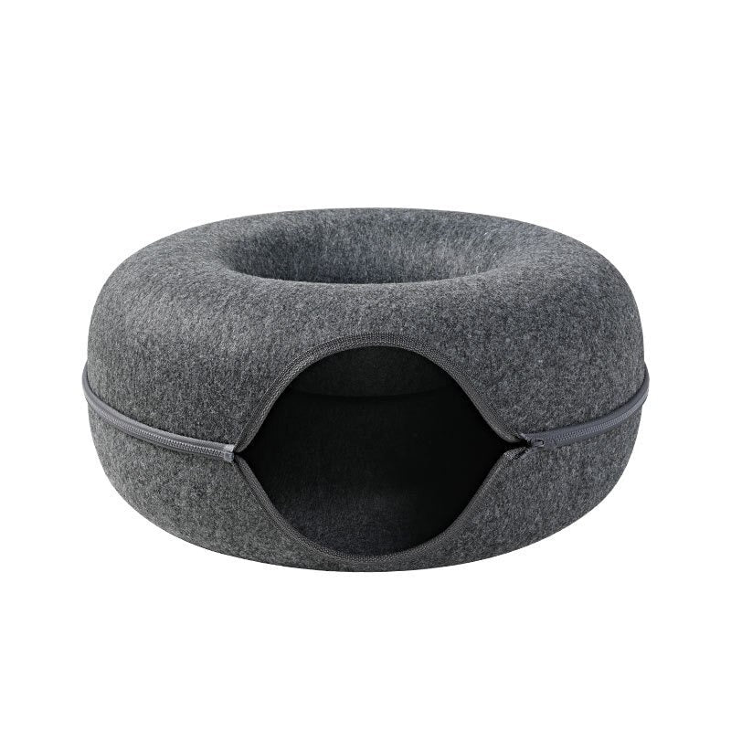 Cozy dark grey felt cat tunnel and donut bed, a soft pet cave designed for feline comfort and stress relief.