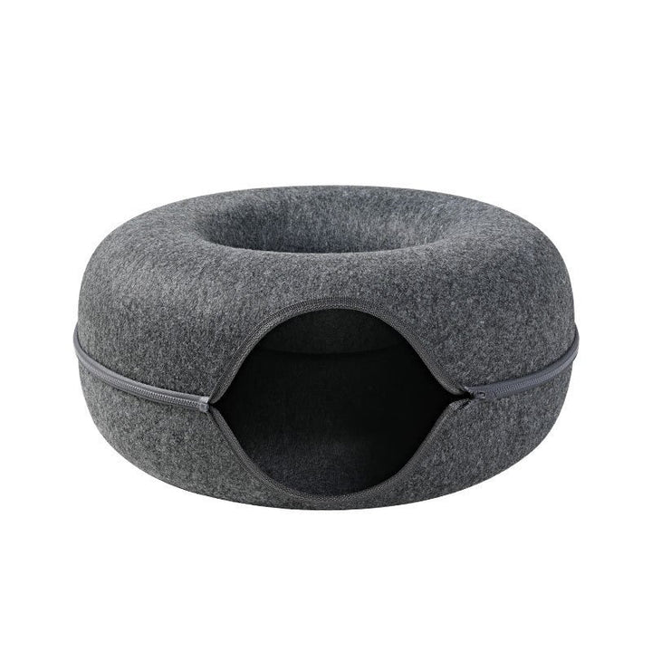 Cozy dark grey felt cat tunnel and donut bed, a soft pet cave designed for feline comfort and stress relief.