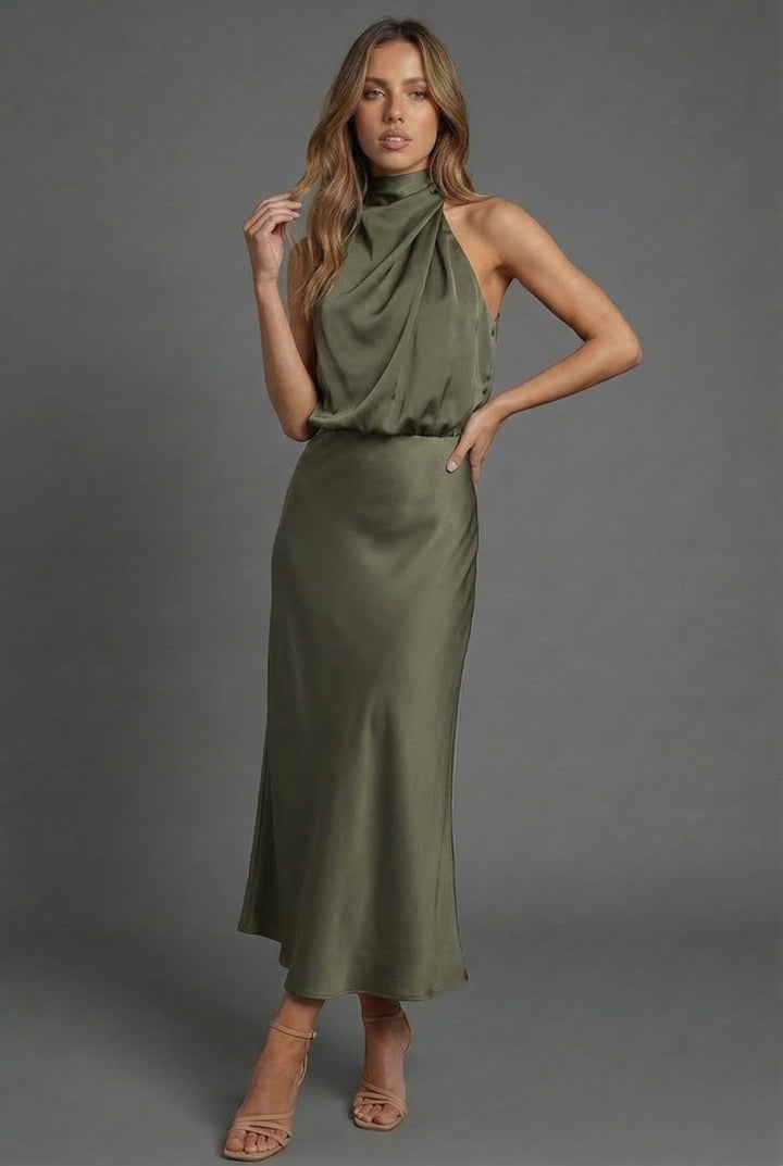 Chic women's midi dress, halter neck design, perfect for summer formal wear.