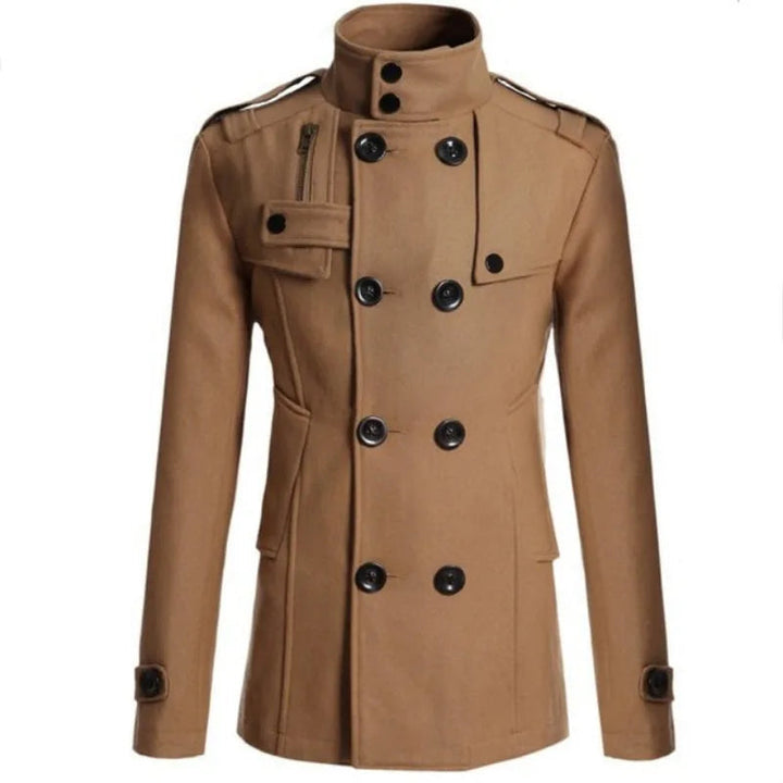 Elegant men's classic trench coat with a double-breasted front. Versatile long jacket for winter & fall.