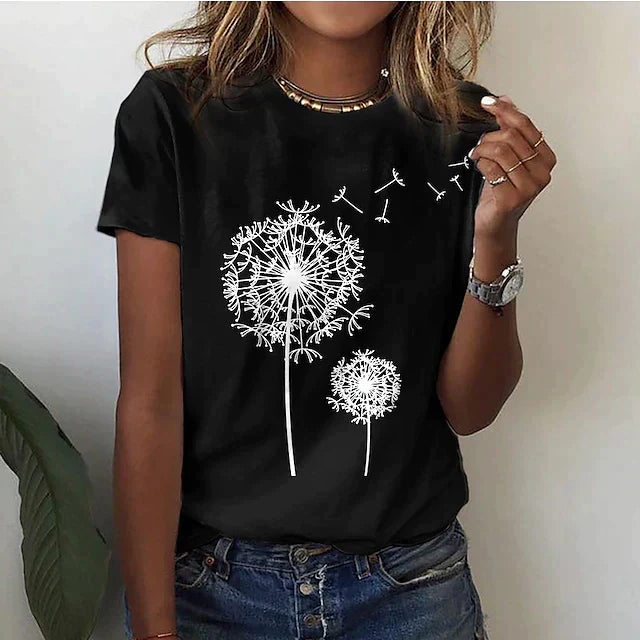 Elegant women's dandelion print blouse, perfect for spring/summer fashion. Stylish floral casual shirt with a relaxed fit.