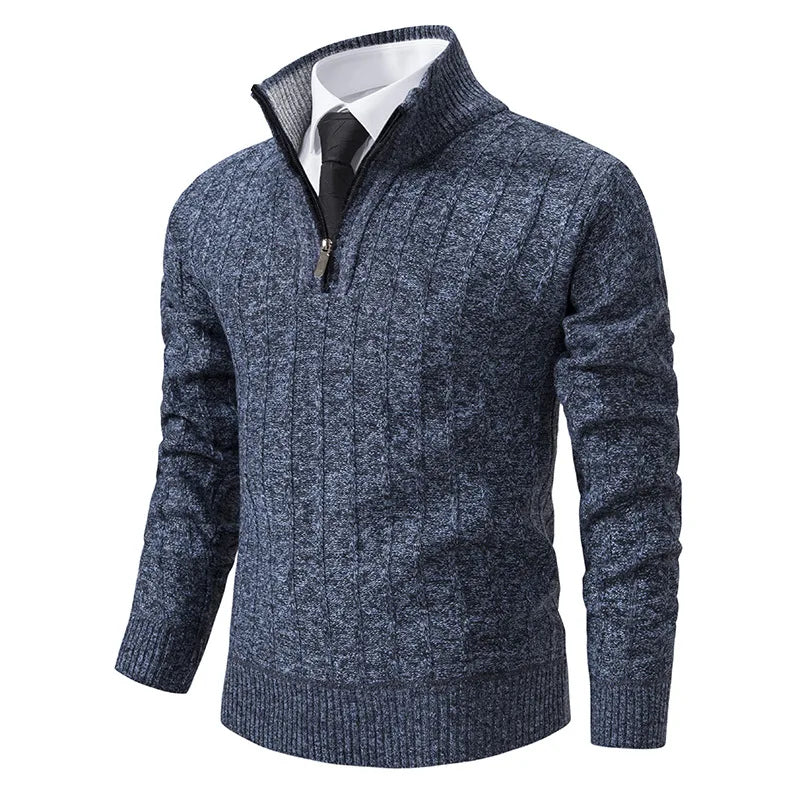 Stylish men's quarter zip cable knit sweater. Ideal for cozy winter fashion, offering warmth & versatile layering.