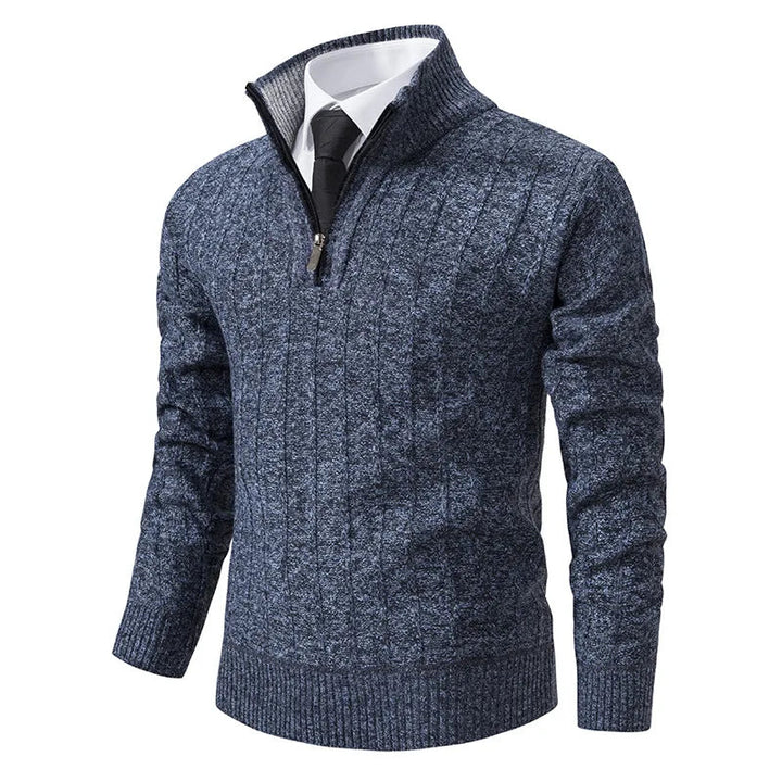 Stylish men's quarter zip cable knit sweater. Ideal for cozy winter fashion, offering warmth & versatile layering.