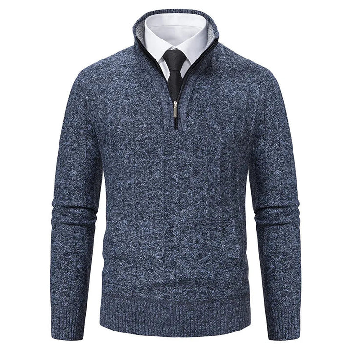 Men's long sleeve quarter zip cable knit sweater. Regular fit pullover, perfect for casual winter outings & layering.