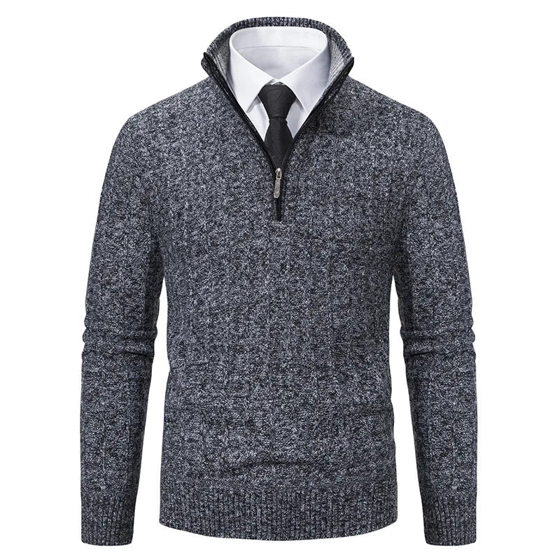 Versatile men's stylish quarter zip cable knit pullover. Warm, cozy, and perfect for winter fashion & layering.