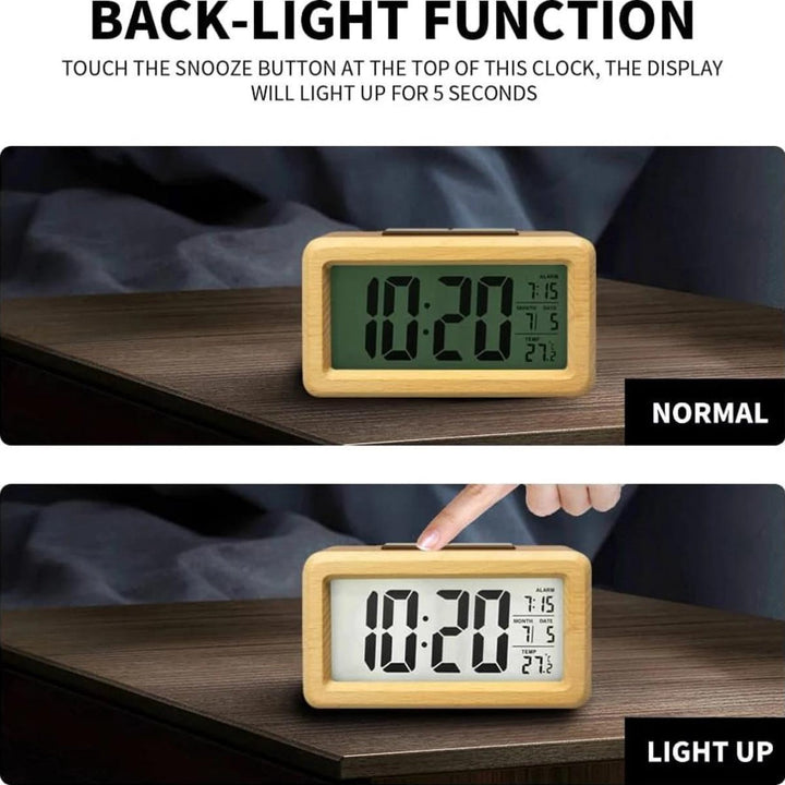 Textured wooden digital clock with clear LED display of time, accurate temperature, and date.