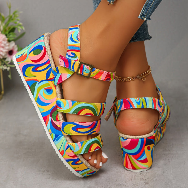 Multicolour women's wedge platform sandals with open toe and ankle strap, perfect for summer casual chic style.