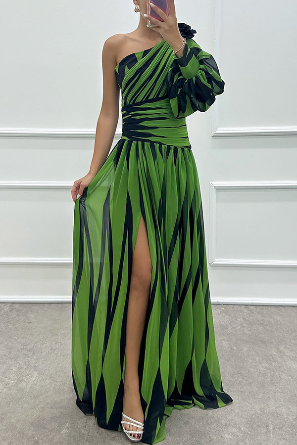 Long pleated one-shoulder women's dress with a slit, ideal for evening events and special occasions.
