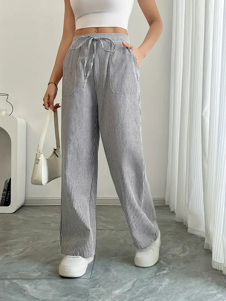 Casual women's striped wide leg pants, soft fabric, comfortable drawstring.