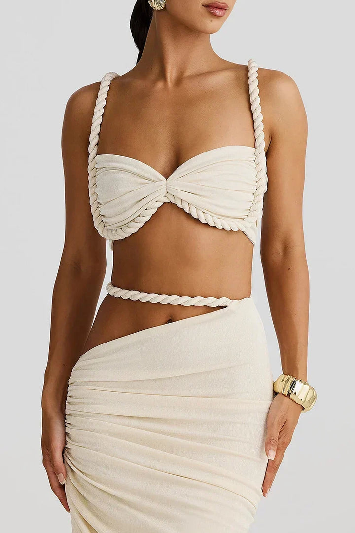 Stylish ruched maxi skirt for women, featuring a trendy cutout design. Ideal for elegant summer & holiday outfits.