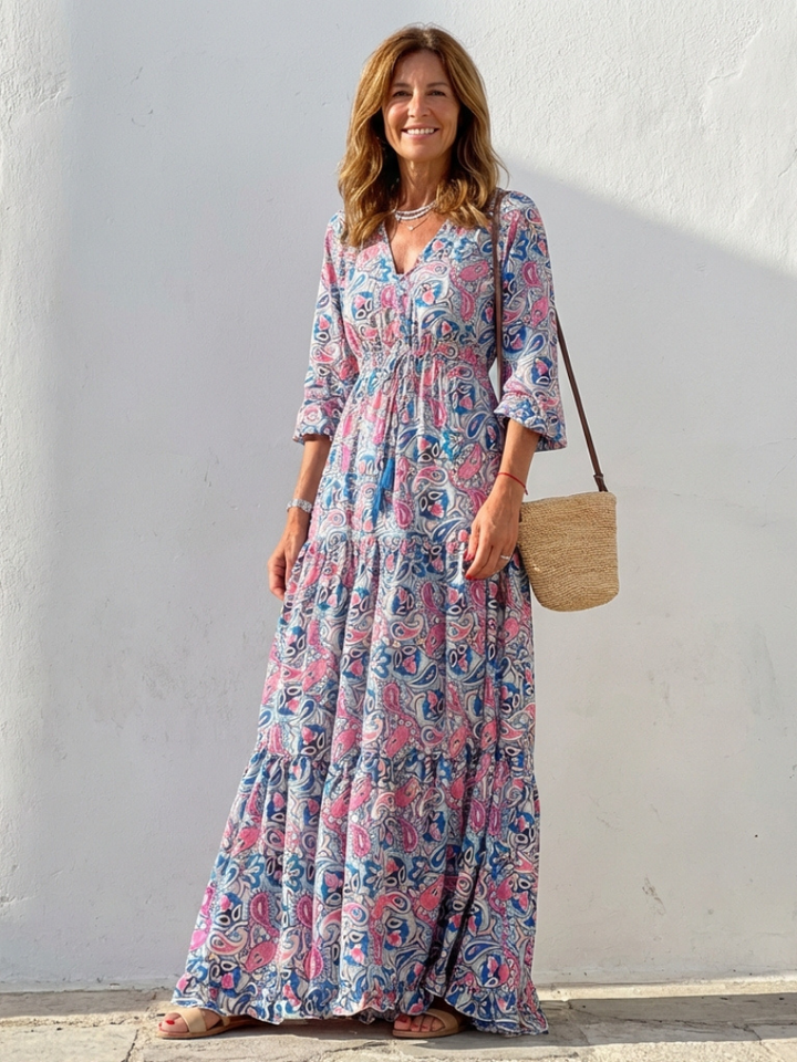 Women's long sleeve V-neck bohemian maxi dress, perfect for summer casual wear.