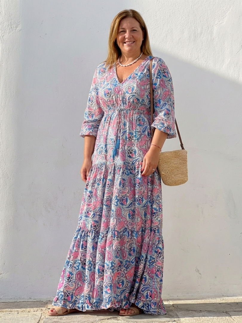 Comfortable women's casual long sleeve V-neck maxi dress, bohemian style, great for summer travel.