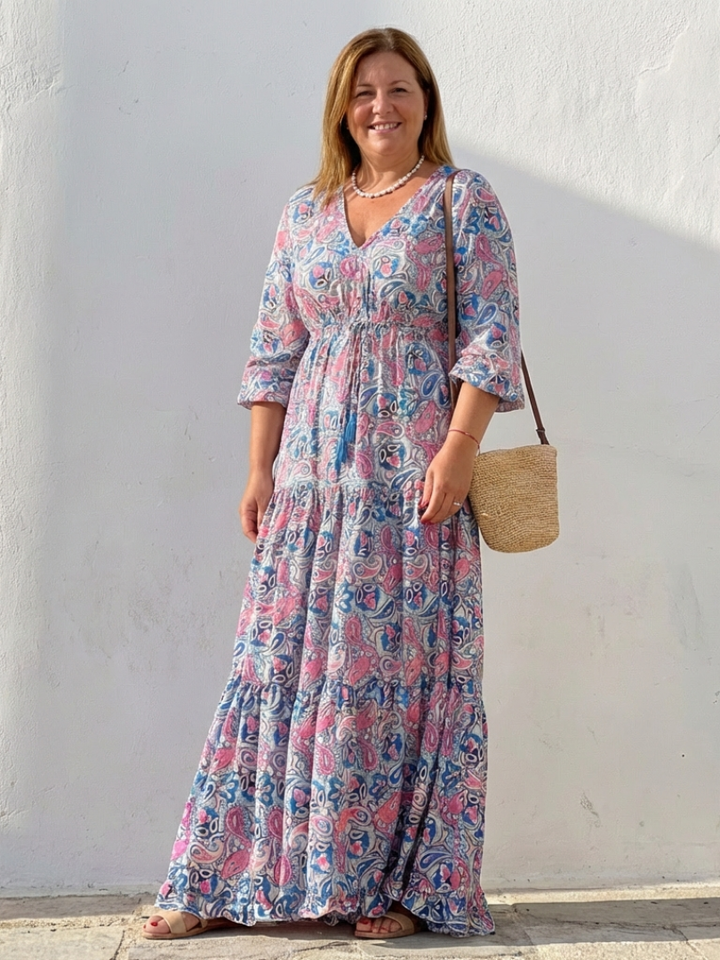 Comfortable women's casual long sleeve V-neck maxi dress, bohemian style, great for summer travel.
