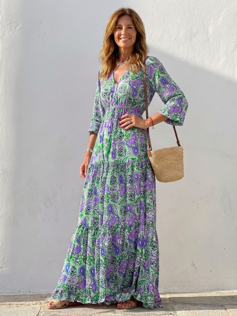 Relaxed fit bohemian long sleeve maxi dress with a V-neck, flowy fabric & elegant paisley print for women.