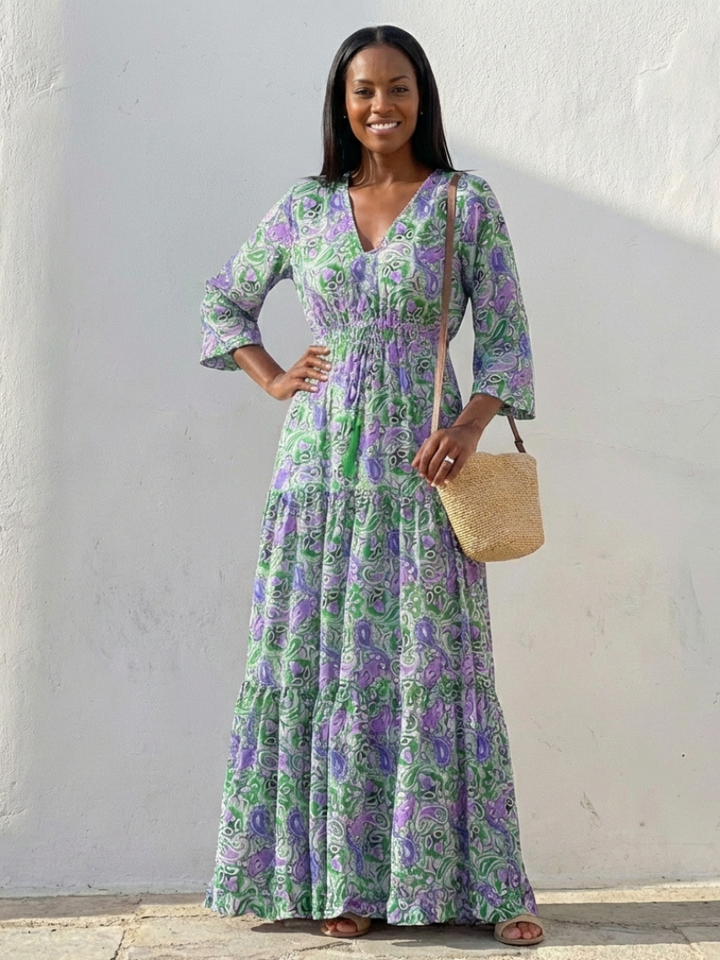 Versatile V-neck long sleeve bohemian maxi dress for women, flowy and comfortable, suitable for casual or travel.