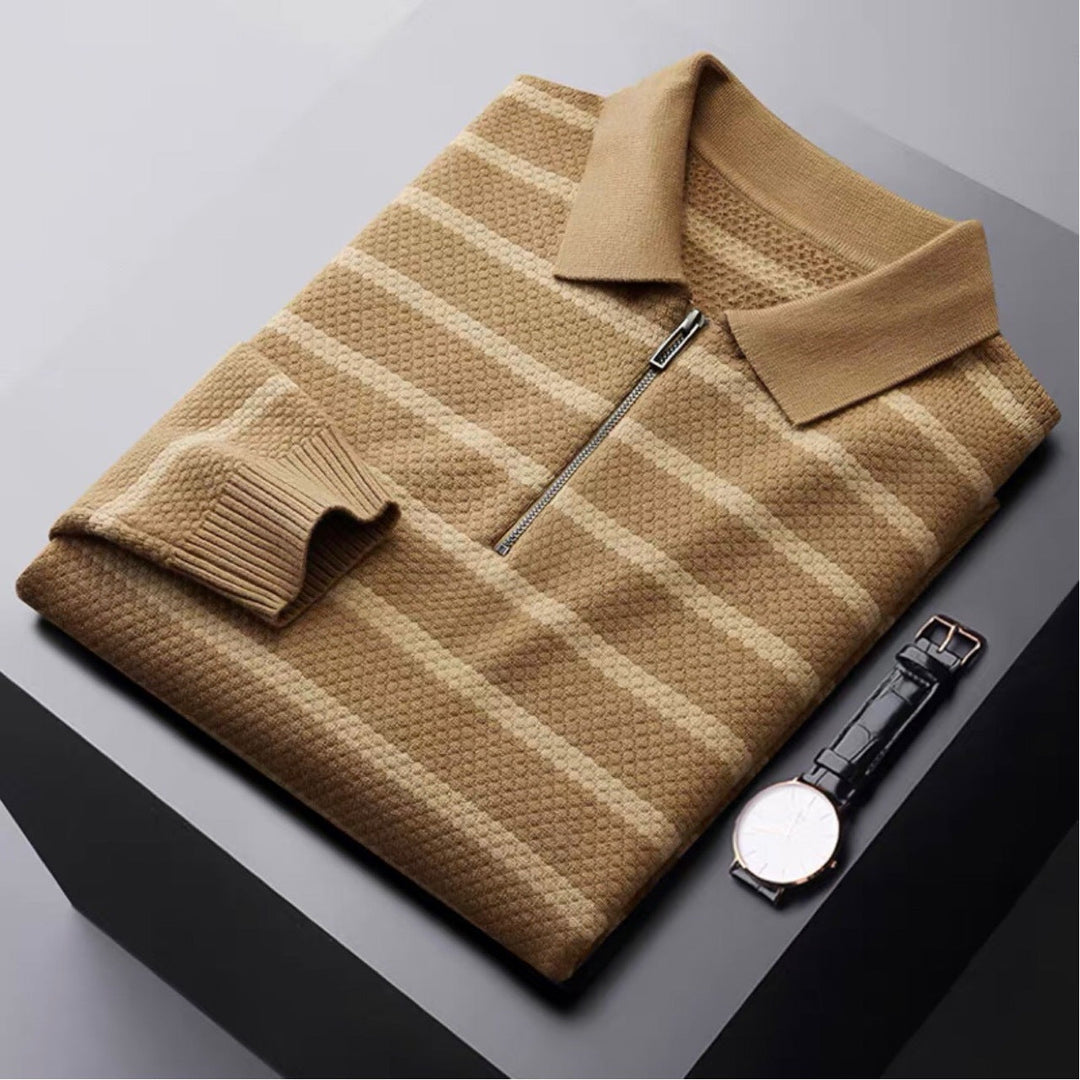 Comfortable men's half-zip polo shirt with classic stripes. Versatile top for modern casual and smart styles.