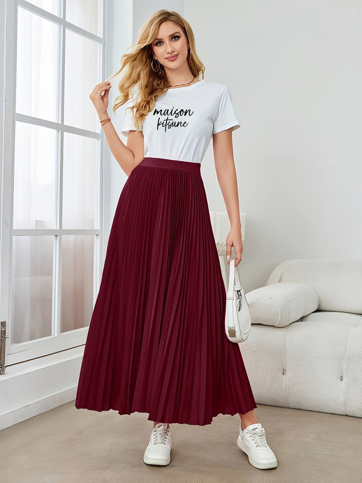 Elegant pleated midi skirt for women, featuring a comfortable elastic waist and A-line flow.