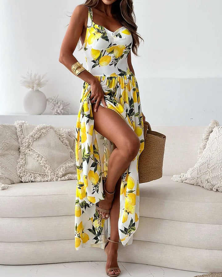 Vibrant women's zesty lemon print summer strap dress, perfect for casual outings or a vacation sundress.