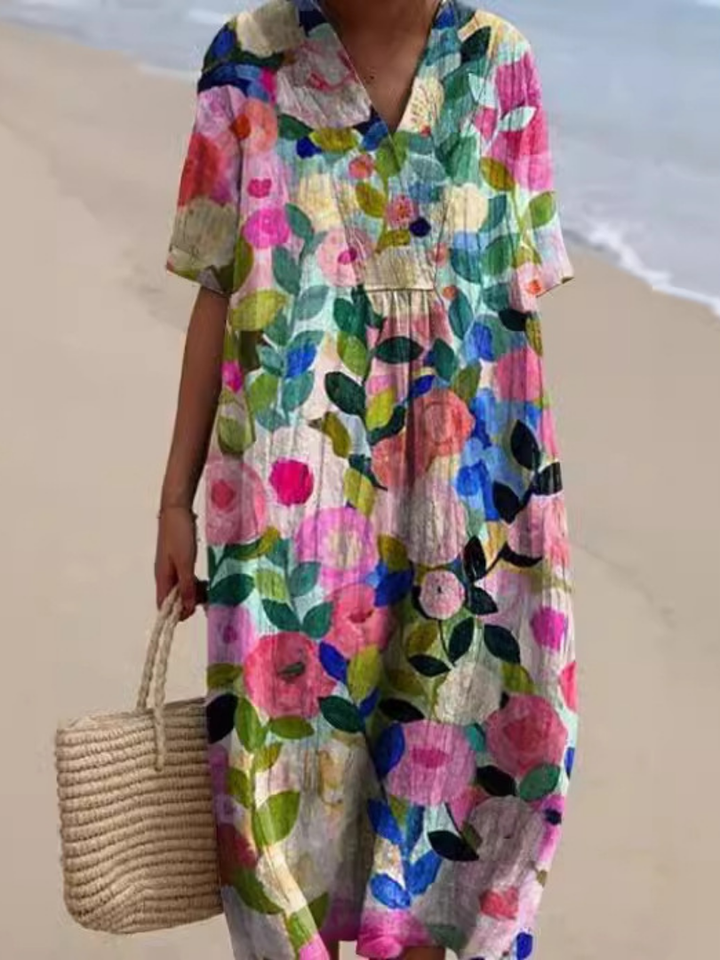 Women's short sleeve floral midi dress, relaxed fit for casual summer style.