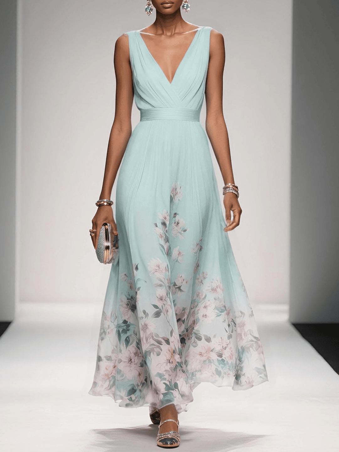 Back view: Elegant sleeveless A-line floral maxi dress for women, ideal for summer comfort.