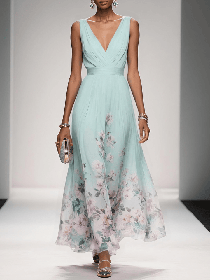 Back view: Elegant sleeveless A-line floral maxi dress for women, ideal for summer comfort.