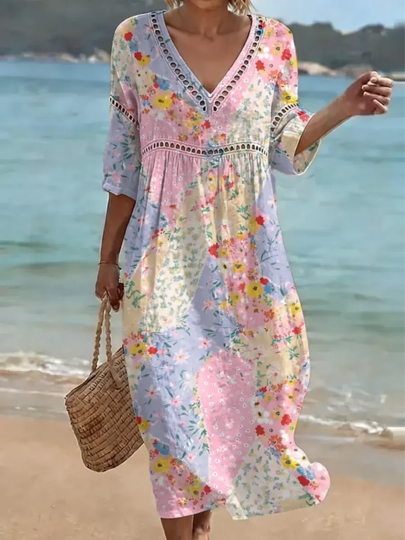 Women's stylish multicolour floral patchwork V-neck summer dress, relaxed fit, perfect for casual spring/summer wear.
