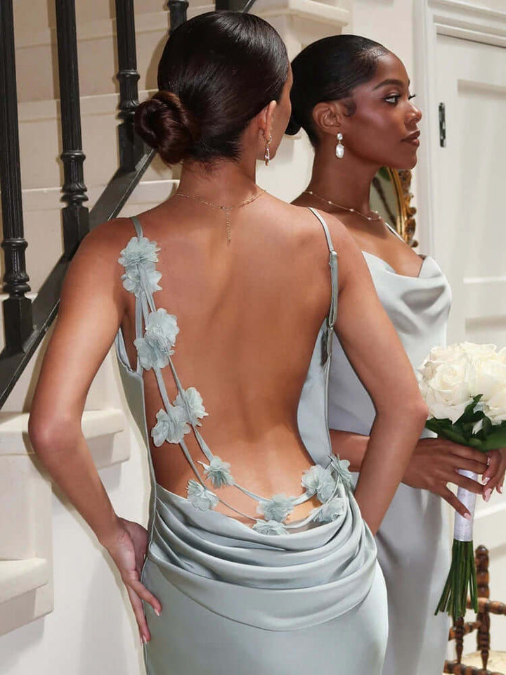 Satin Backless Floral Appliqué Evening Gown