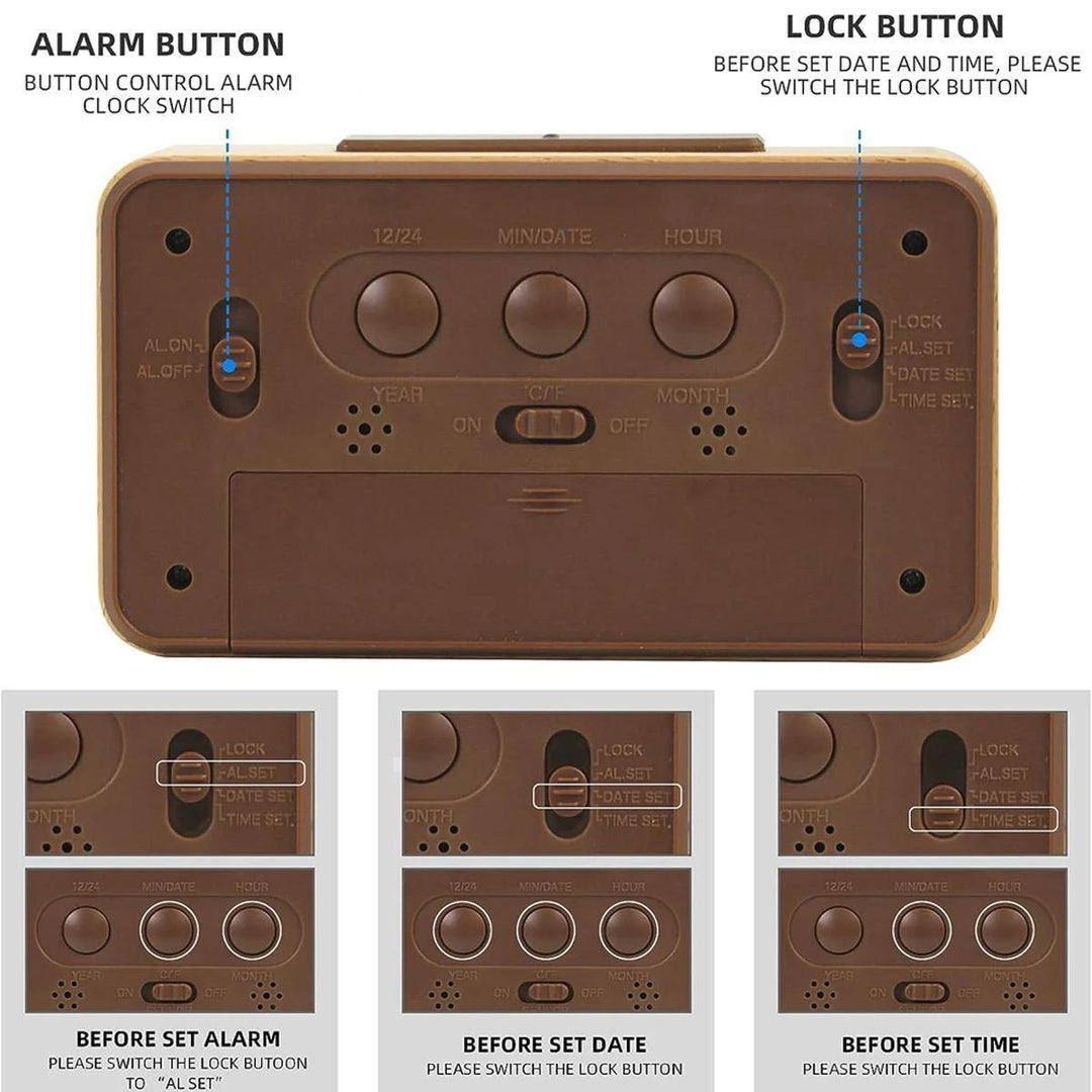 Compact wooden LED alarm clock displaying digital time, date, and temperature. A must-have desk item.