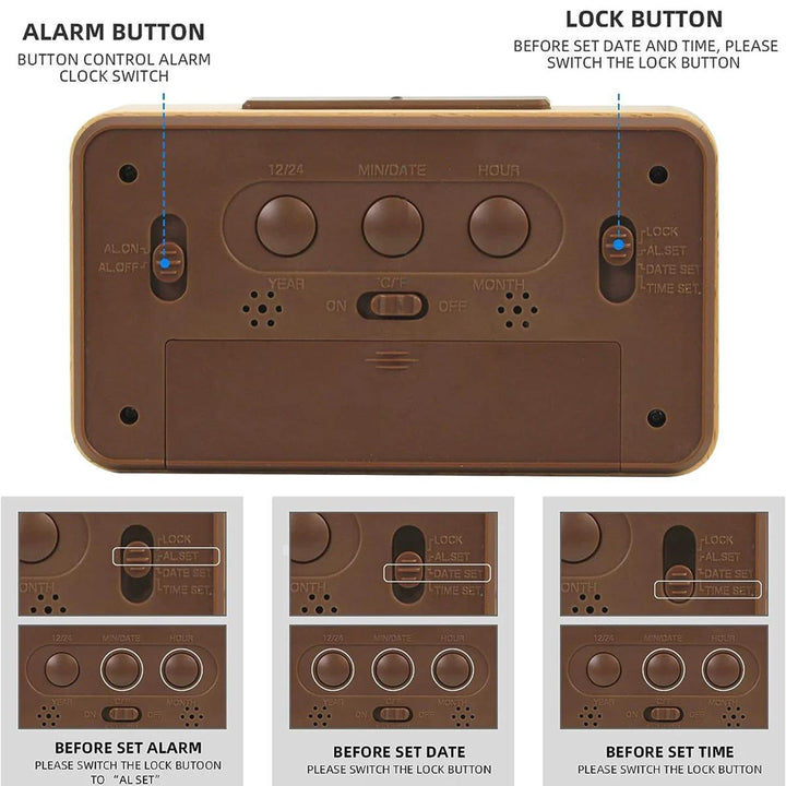 Compact wooden LED alarm clock displaying digital time, date, and temperature. A must-have desk item.