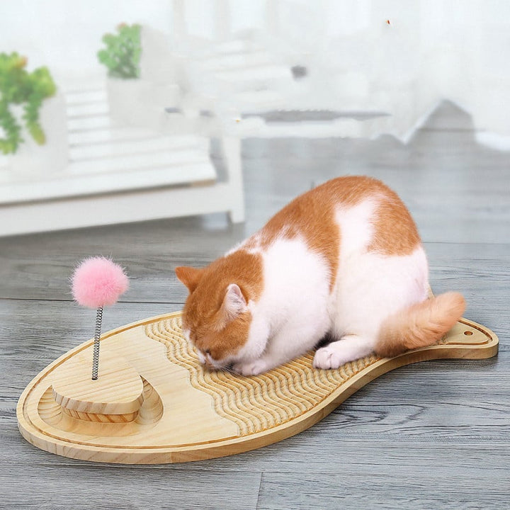 Wooden cat scratching board with interactive feather & ball toys for pet play & exercise.
