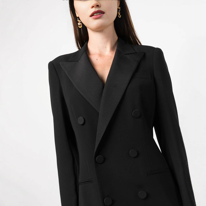 Chic double-breasted blazer maxi dress. Women's floor-length tailored style, ideal for formal events.