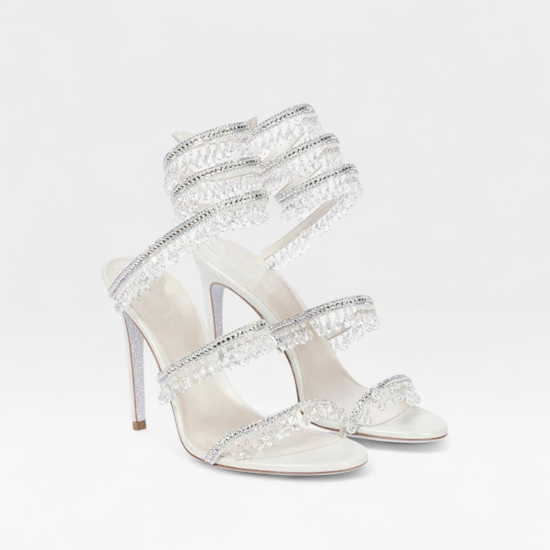 Women's formal crystal strappy party heels, ideal for wedding guests & evening events.