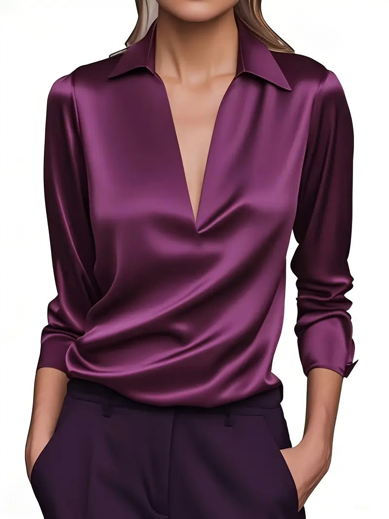 Versatile women's V-neck shirt, long sleeve. Collared elegant blouse for everyday fashion and comfort.
