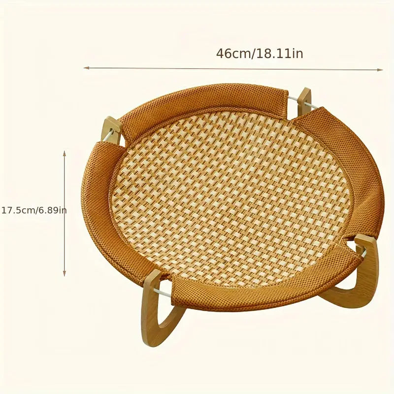 Elevated cooling rattan cat mat provides a breathable and comfortable summer bed for cats to relax.