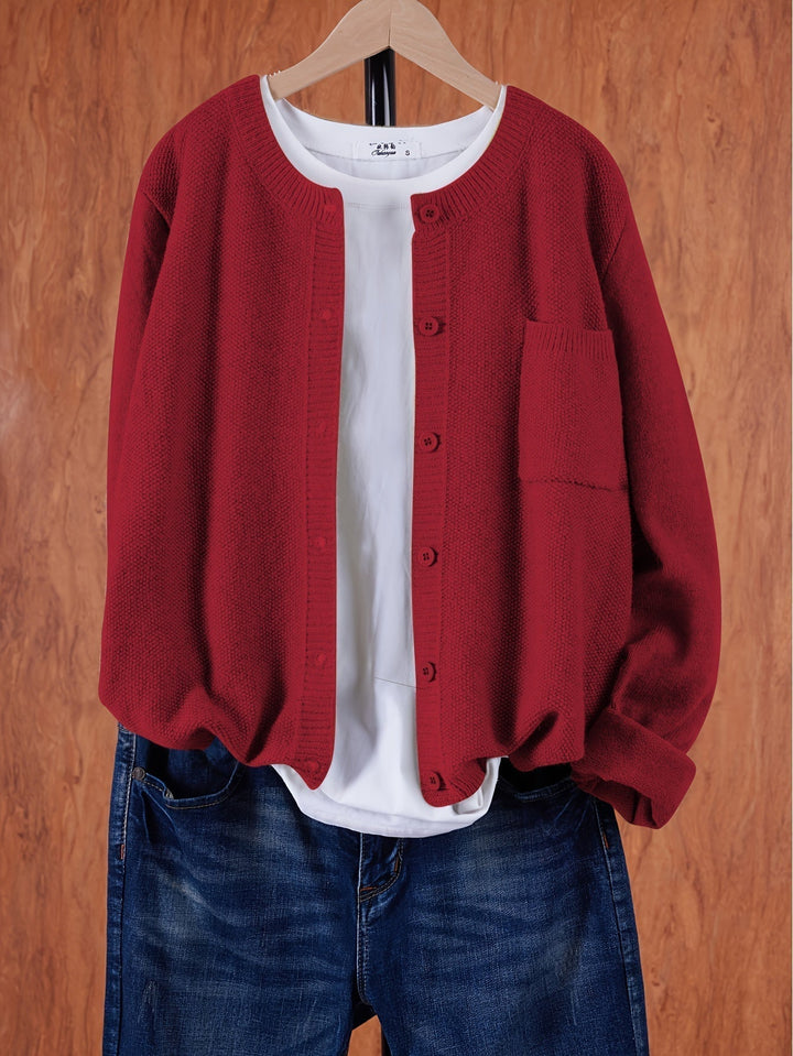 Soft beige women's casual sweater, an essential comfortable layering piece.