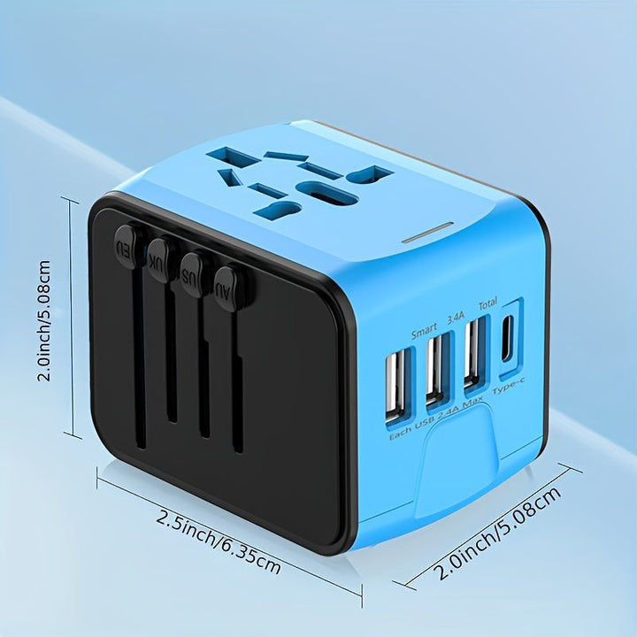 Compact universal travel adapter & fast global charger with 4 USB & Type-C. Essential power accessory.