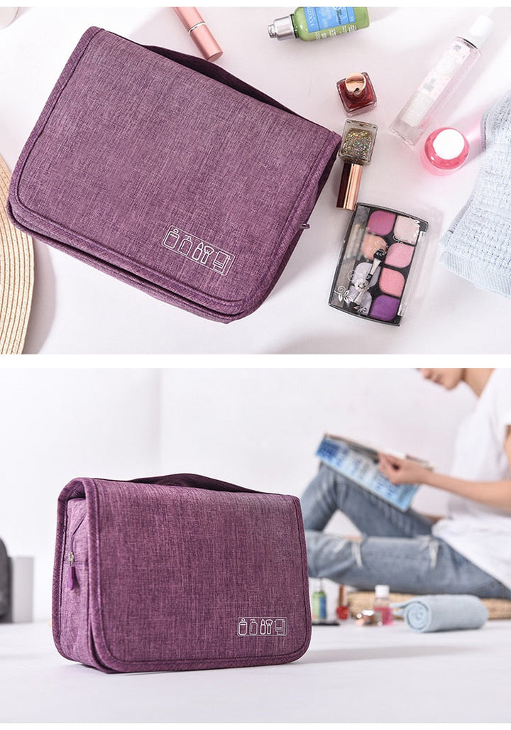 Side view of packed deluxe hanging toiletry bag, a compact travel & cosmetic essentials holder.
