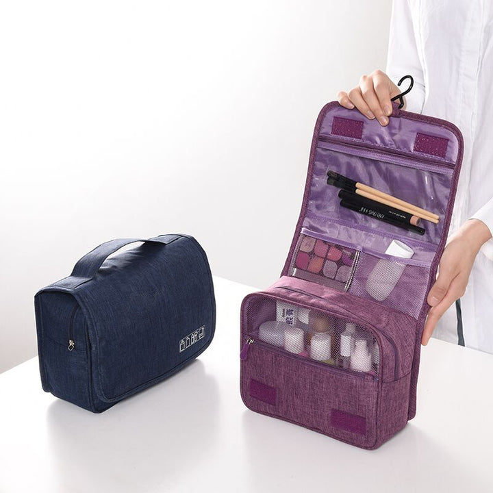 Compact deluxe hanging toiletry bag for travel; neatly stores all your personal care essentials.