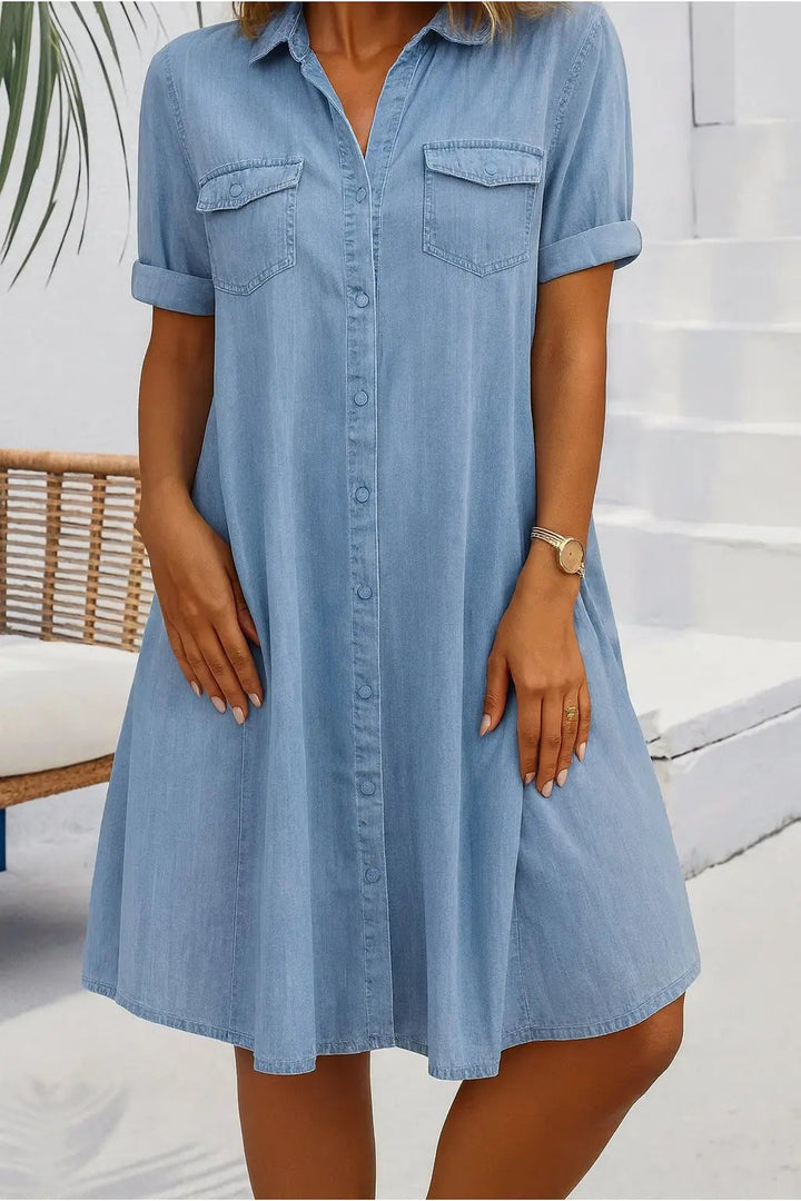 Women's denim shirt dress, button-down, short sleeve. Effortless everyday casual wear for versatile fashion.