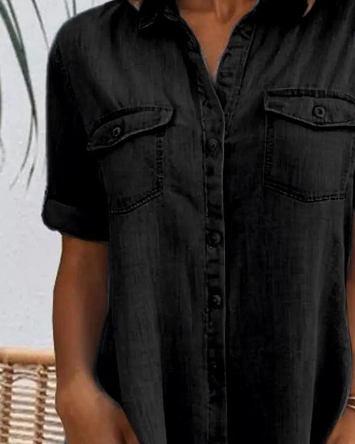 Chic & comfortable women's denim shirt dress. Button-down, short-sleeve, ideal for everyday casual wear.
