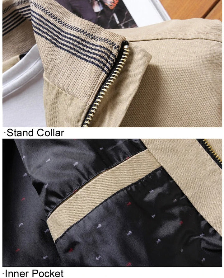 Close-up of a men's transitional jacket, highlighting its stylish design. Functional lightweight outerwear for cool days.