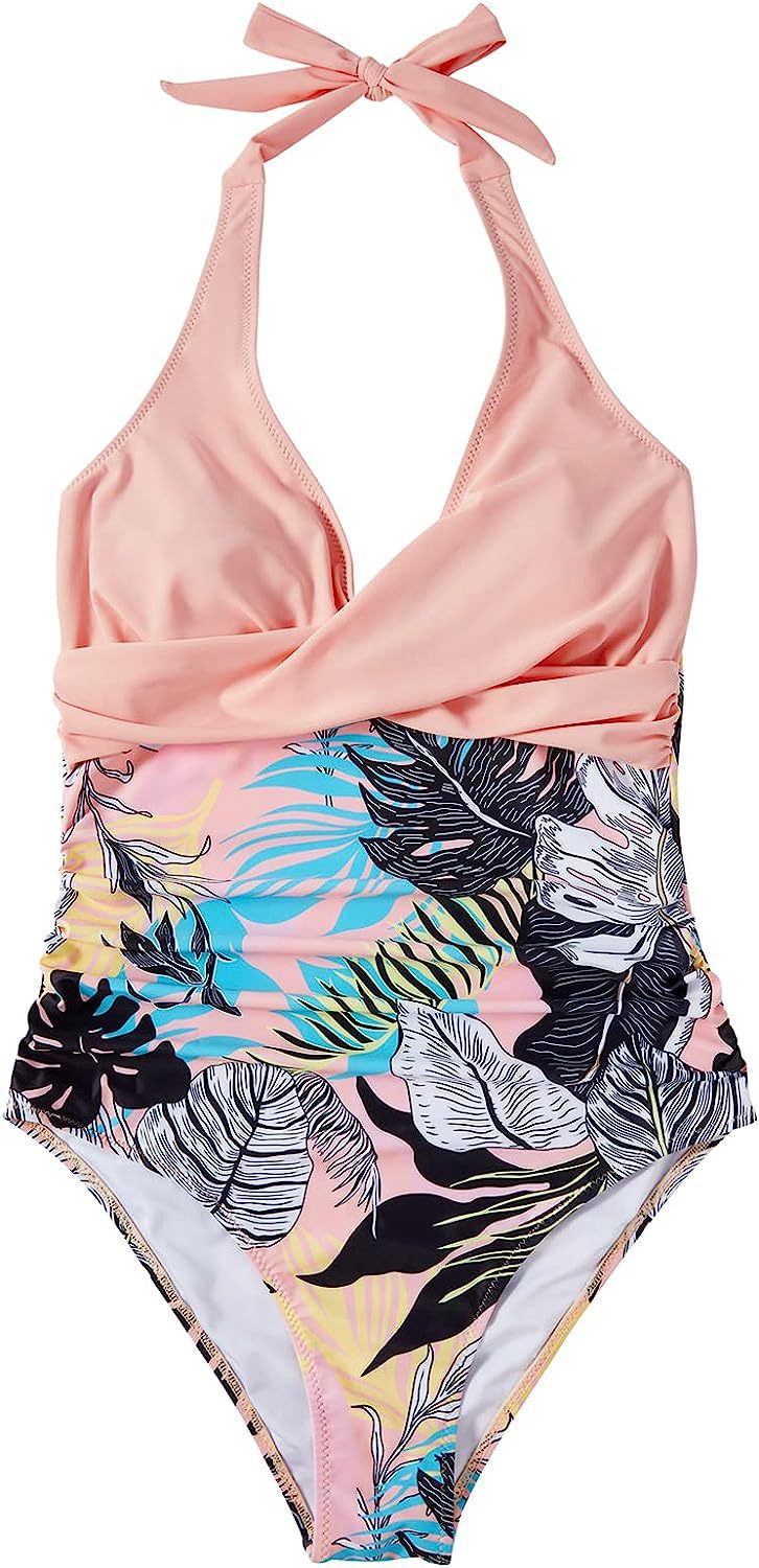Women's summer beachwear: halter-neck V-neck printed one-piece swimsuit. Great for pool or vacation.