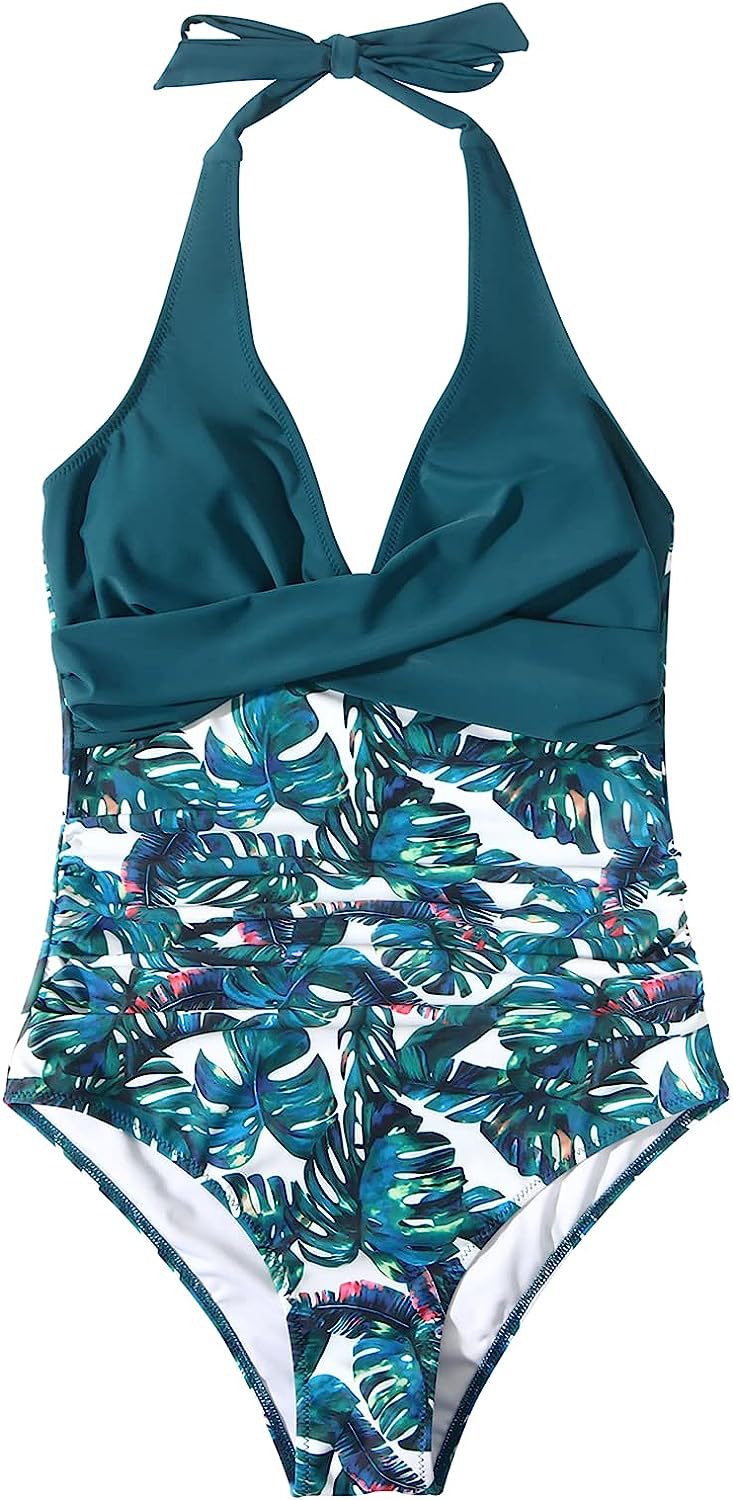 Trendy women's printed halter-neck V-neck swimsuit. Essential one-piece beachwear for summer and vacation.