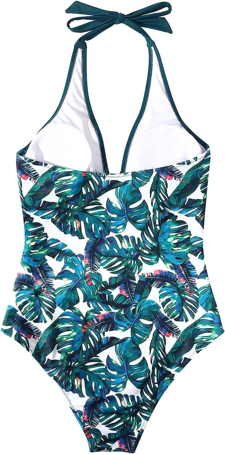 Flattering women's halter-neck V-neck printed one-piece swimsuit. Stylish swimwear for summer vacation.